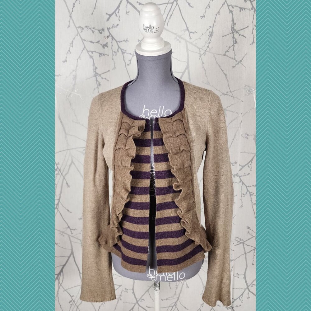 Anthropologie Sparrow Beige Stripe Lambswool Blend Ruffle Open Cardigan